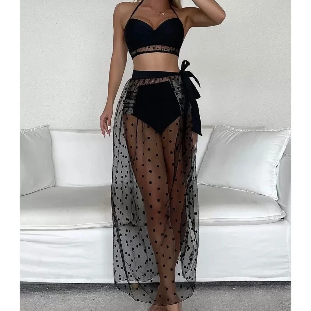 Black Polka Dot 3 Piece Bikini Set with Mesh Sarong Skirt High Waist Small